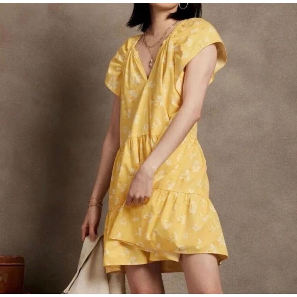 Banana Republic Floral Mini Dress Womens M Yellow Tiered V-Neck Pockets Summer